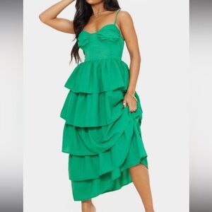 New with Tags: Linen Green Cup Detail Strappy Tiered Maxi Dress